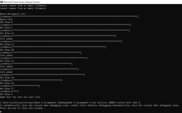 picture of a piece of code running simulating a life meter thats taking damage and healing occasionally until life runs out